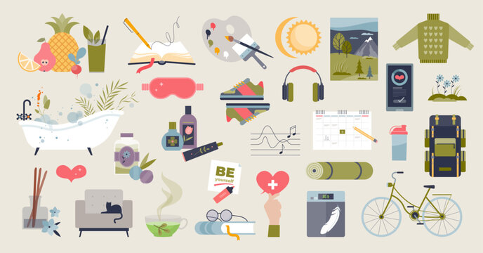 Self care objects with wellness and wellbeing elements tiny person collection. Set with relaxation, harmony and calm items vector illustration. Aroma therapy or skin hygiene for personal relaxation.