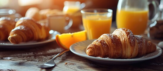 Selective focus on continental breakfast featuring fresh croissants, orange juice, and coffee. - obrazy, fototapety, plakaty