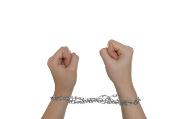 Freedom concept. Woman with tied arms on white background, closeup