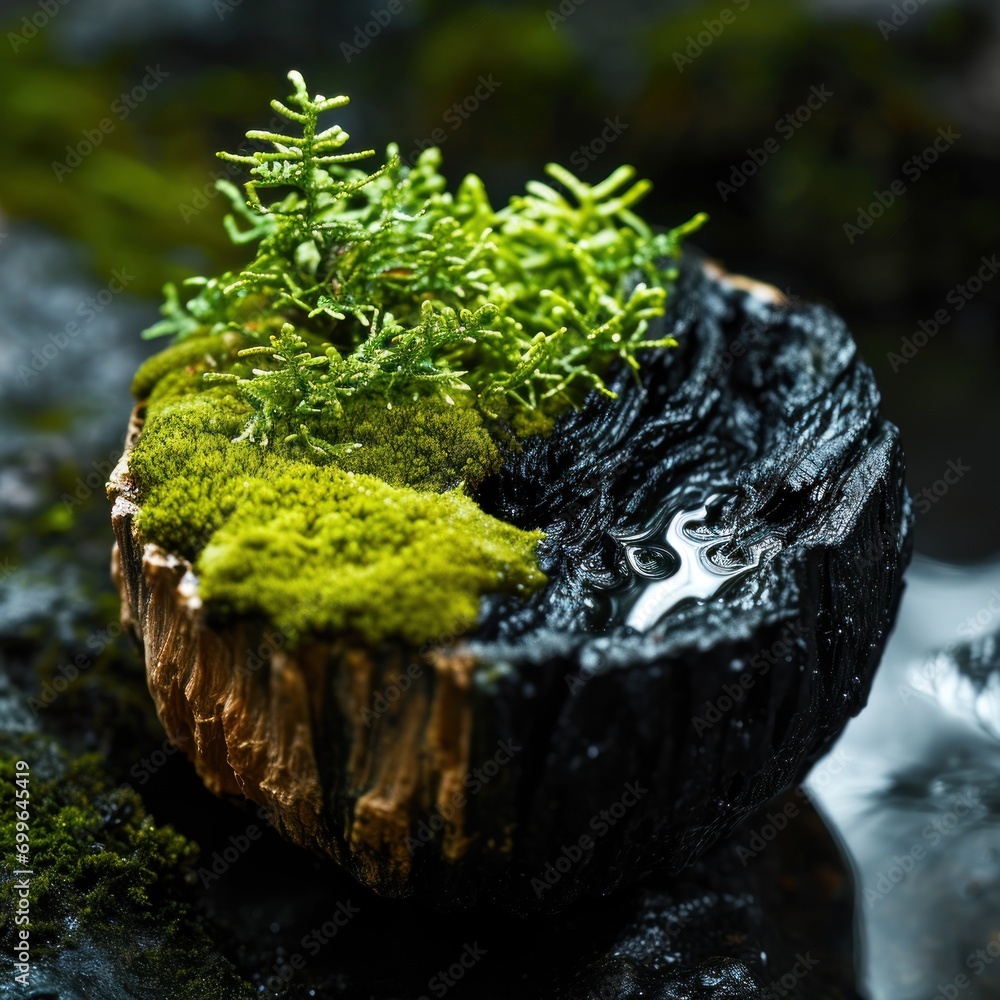 Poster an intimate macro photograph of moss and small ferns thriving on the charred surface of wood, with w