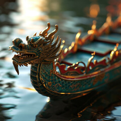  A close-up of a meticulously crafted green dragon head on the prow of a model dragon boat, set against a blurred water background. - obrazy, fototapety, plakaty