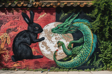 A dynamic mural of a black rabbit and a green dragon facing each other against a red-brick...