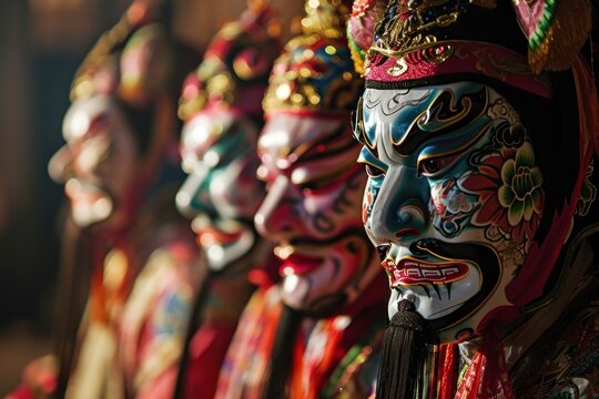 Rows of Chinese opera masks with their vivid colors and dramatic expressions are lined up, showcasing an integral part of traditional cultural performances during festivities.