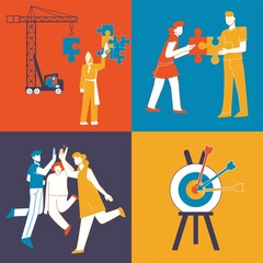 Hand drawn business teamwork illustration set with characters collaborating
