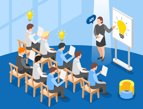 Isometric teamwork business illustration background with a group of people working in a new idea