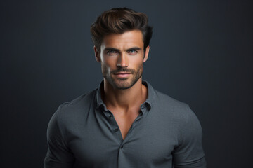 Fototapeta premium Generative AI portrait of young attractive hot model fashion appearance isolated on dark grey background
