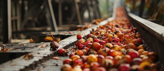 Palm oil fruit falls to conveyor in mill at East Kalimantan. - obrazy, fototapety, plakaty