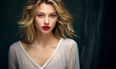 Graceful Young Woman with Short Wavy Blonde Hair, Red Lips, and Light Blouse on a Moody Blue Background