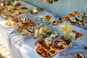 catering. Lavish spread of assorted appetizers displayed on white cloth-covered table, wraps visible fillings, canap�topped with different toppings arranged on clear stands, yellow flower in focus