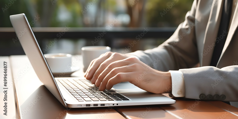 Poster close-up of a businessman hands typing on laptop keyboard in office