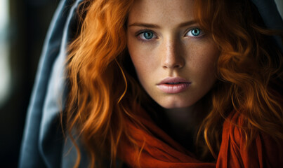 Mysterious Woman with Wavy Red Hair and Blue Eyes Wrapped in Rustic Orange Scarf, Gazing Intently - obrazy, fototapety, plakaty