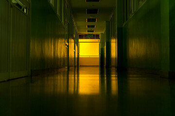 Dark corridor with doors and yellow light.