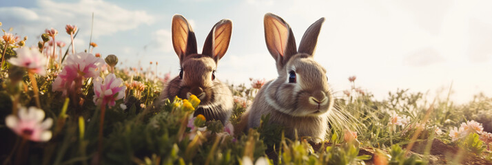 Dois coelhos marrom no campo - Fundo de tela panorâmico 