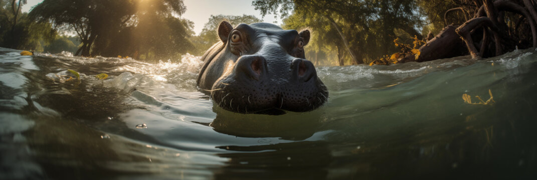 Hipopótamo no lago - Fundo de tela panorâmico 