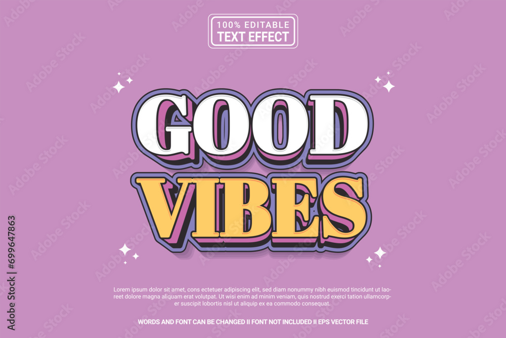 Poster editable text effect good vibes 3d cartoon template style modern premium vector