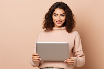 a happy woman with laptop on pastel background generative AI - obrazy, fototapety, plakaty