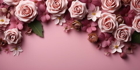 Banner with frame made of rose flowers on pink background