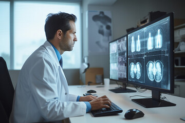 Experienced doctor in operation room analyzing x ray diagnosis surgeon radiologist Generative AI - obrazy, fototapety, plakaty
