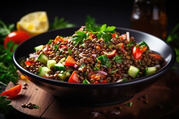 Lentil salad with veggies, healthy food, vegetarian and vegan snack.