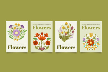 Flat hand drawn cards collection with beautiful blossom flowers