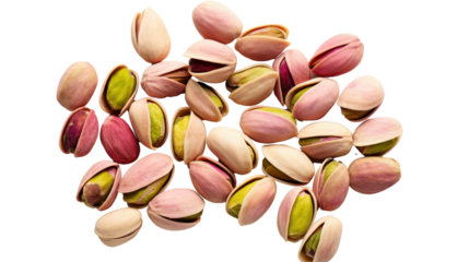 Top-down view. Roasted pistachios isolated on transparent and white background.PNG image
