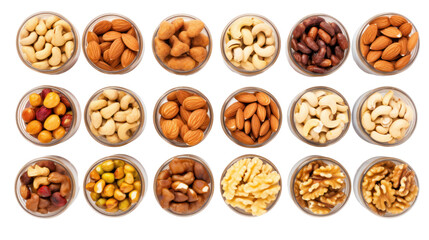 Glass jar filled with healthy almonds and peanuts, a nutritious snack option isolated on transparent and white background.PNG image