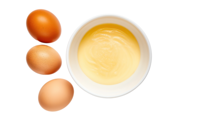 Top-down view, blank recipe, egg, butter, wheat flour isolated on white background.