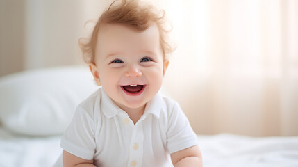 happy smiling baby home bed sitting looking daylight ai visual concept