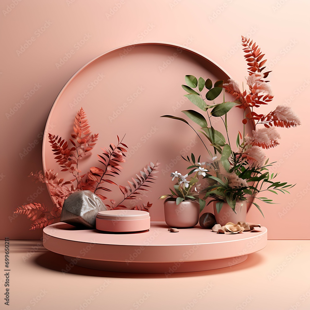 Poster cylinder podiums in soft pink background with paper leaves on column
