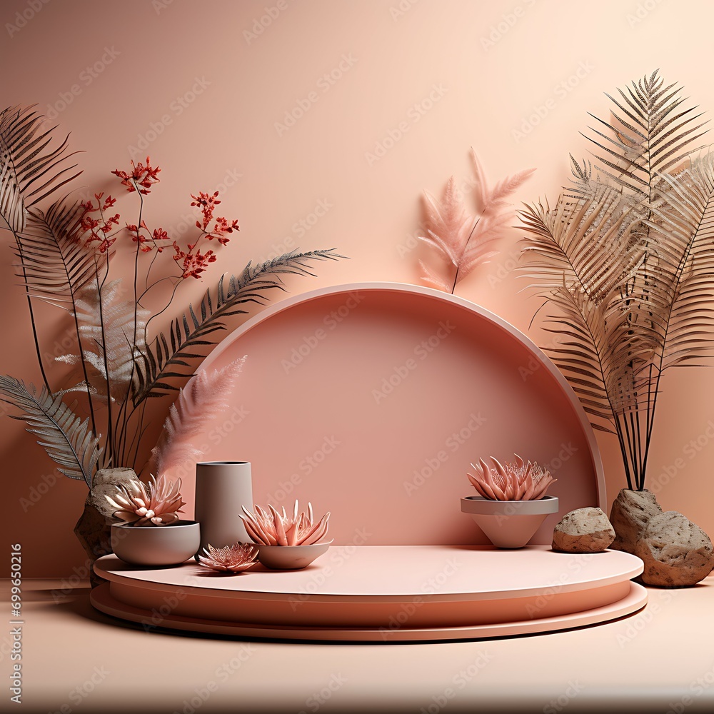 Poster cylinder podiums in soft pink background with paper leaves on column