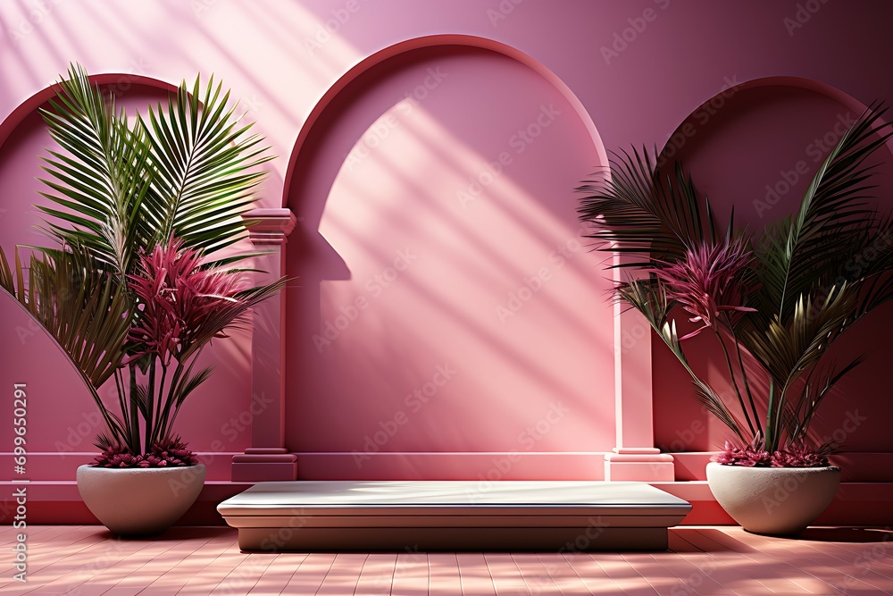 Poster empty room with shadows of window and flowers and palm leaves