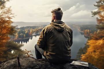 Portrait of handsome man looking on river enjoying view generative ai