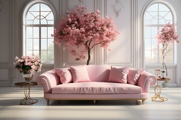 Luxury living room with bright pink rose color. Empty paint wall and lounge furniture - rich sofa