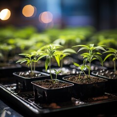 Organized Rows of Small Cannabis Plants in Indoor Greenhouse