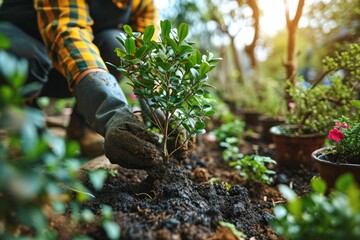 Planting tree, human hands plant young plant, seedling in the ground, saving nature, preserving...
