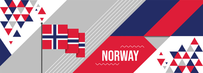 Norway national or independence day banner design for country celebration. Flag of Norway with modern retro design and abstract geometric icons. Vector illustration - obrazy, fototapety, plakaty