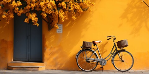 Bicycle with mimosa flowers in front of yellow wall. 3d rendering