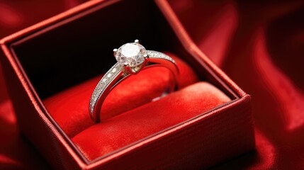 love concept - close up of red gift box with diamond engagement ring