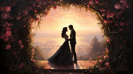 Wedding couple in arch of roses at sunset. Digital painting