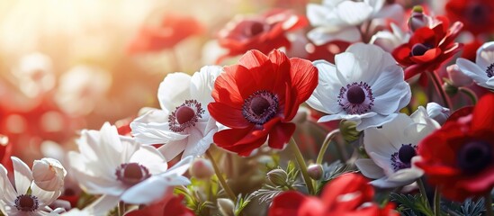 Spring garden blossoms with red gradient anemone flowers. - obrazy, fototapety, plakaty