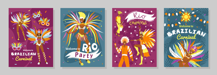Hand drawn flat brazilian carnival cards collection with dancers wearing feather costumes - obrazy, fototapety, plakaty