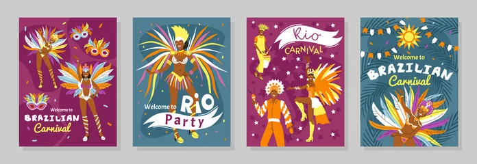 Fototapete Karneval Hand drawn flat brazilian carnival cards collection with dancers wearing feather costumes