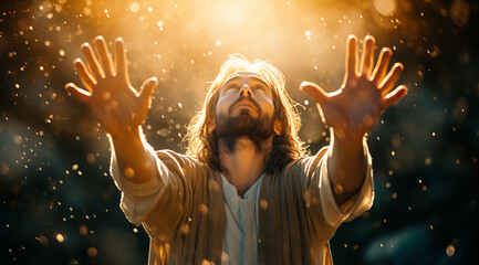 jesus reaching out hos hands to someone - obrazy, fototapety, plakaty