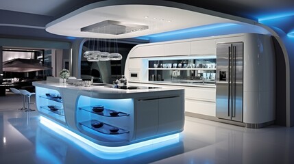 A high-tech smart kitchen with touch screen appliances and integrated lighting
