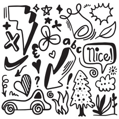 hand drawn set element,black on white background.arrow,leaves,speech bubble,heart,ribbon,flowers,emphasis,swirl,for concept design.