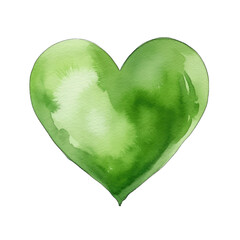 Green Watercolor painted heart, isolated on transparent background