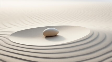 A white egg sitting on top of a white plate. Zen pyramid, stack of pebbles on sand with wind patterns, calm neutral background. - Powered by Adobe