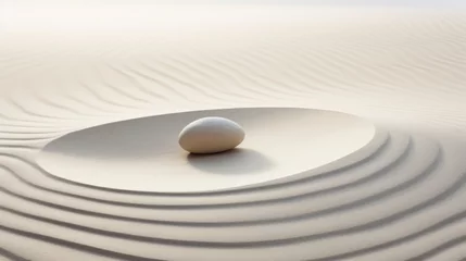 Foto op Canvas A white egg sitting on top of a white plate. Zen pyramid, stack of pebbles on sand with wind patterns, calm neutral background. © tilialucida