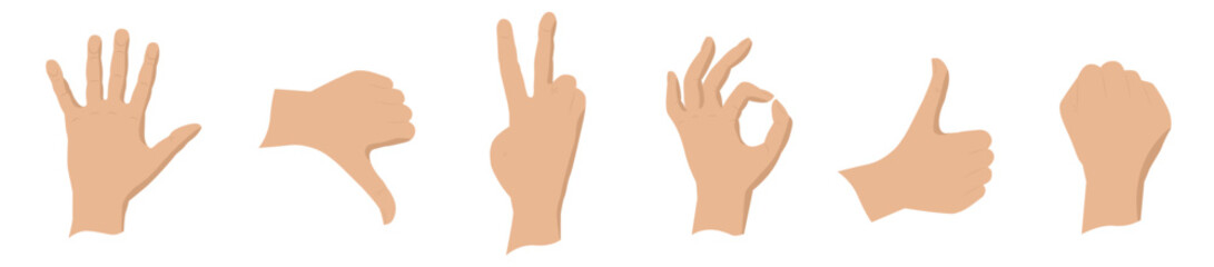 Hands show different signs. Hands in different positions. Vector illustration. - obrazy, fototapety, plakaty
