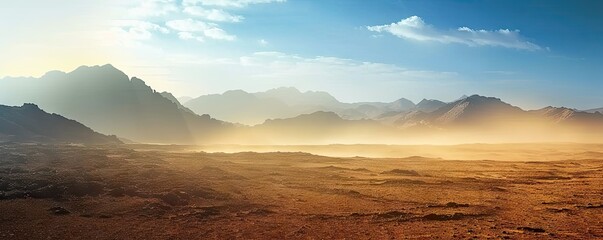 Naklejka premium Majestic landscape of sand sun and rocky peaks at sunset. Golden horizons. Panoramic view of arid desert bathed in warmth of setting sun. Endless sands. Journey vast and serene at dusk